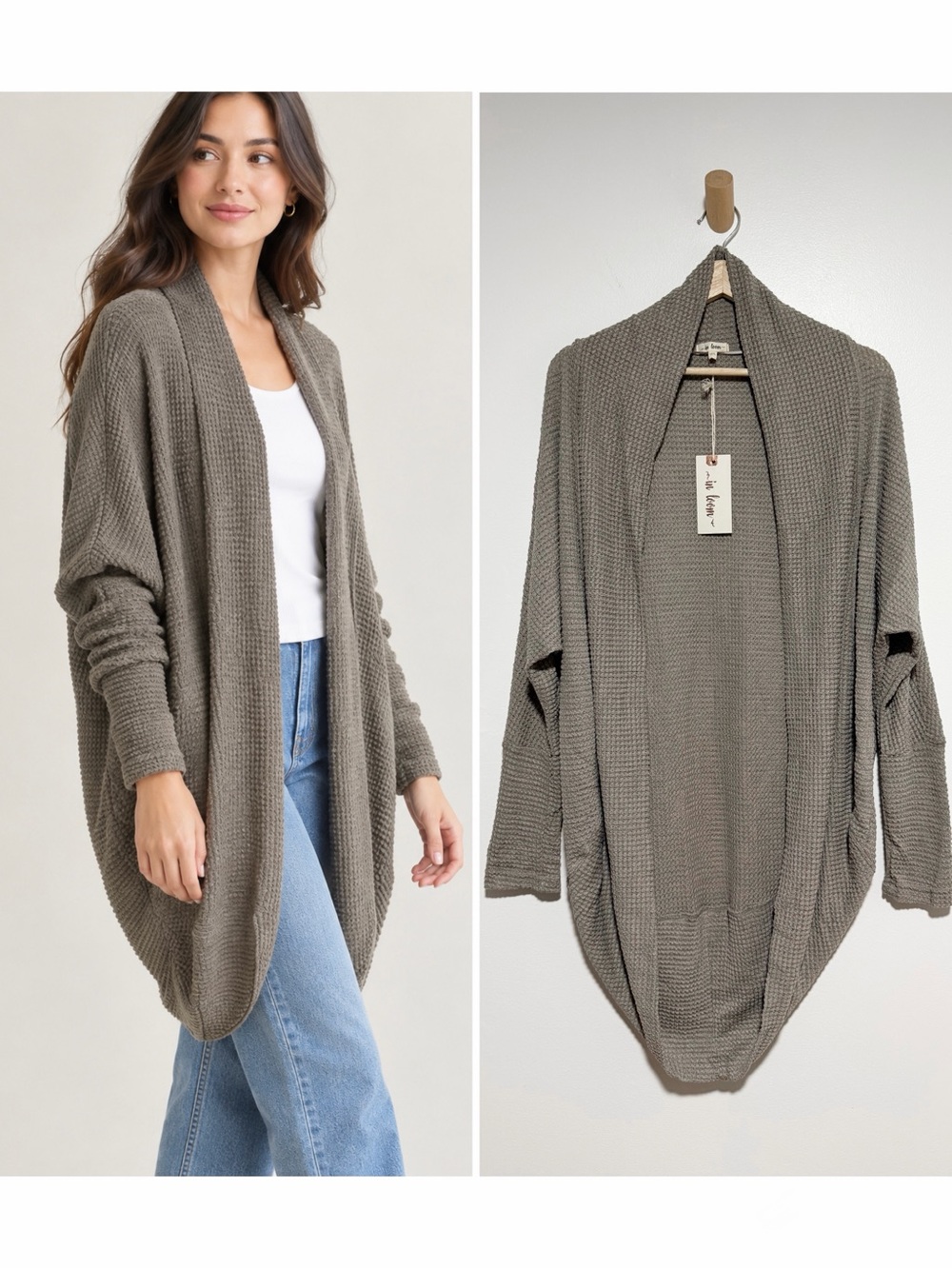 NWT In Loom Open Front Round Shaped Waffle Knit Cardigan Size M/L Taupe